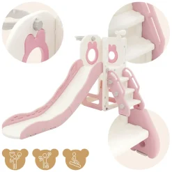 Joyz - Kinderglijbaan Met Speeltoren 5 In 1 - Roze-wit - Basketbalring Trap Telescoop