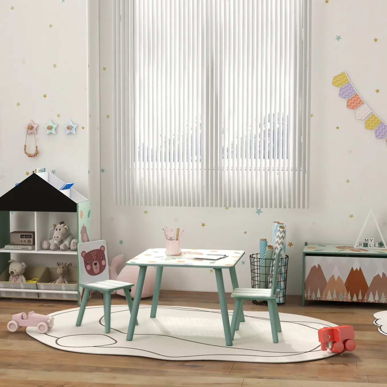 Kinderspeelgroep 3-8 Jaar - 1 Tafel En 2 Stoelen - Dierenmotief - Groen