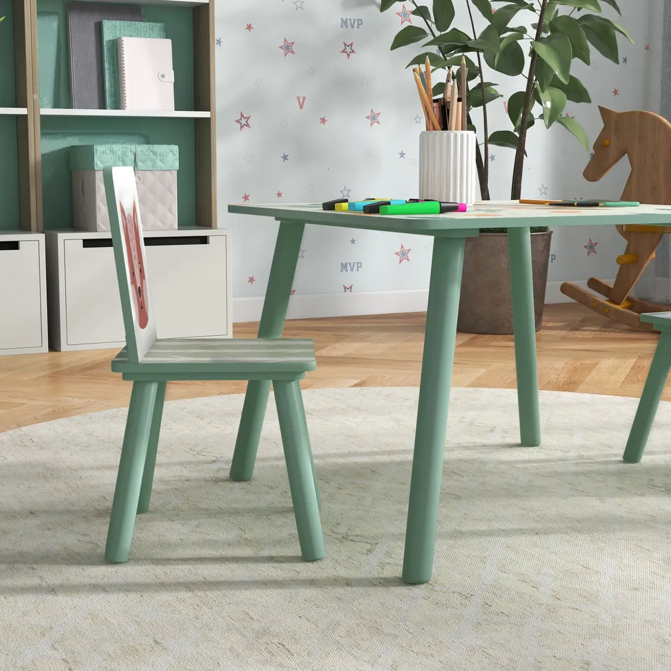 Kinderspeelgroep 3-8 Jaar - 1 Tafel En 2 Stoelen - Dierenmotief - Groen