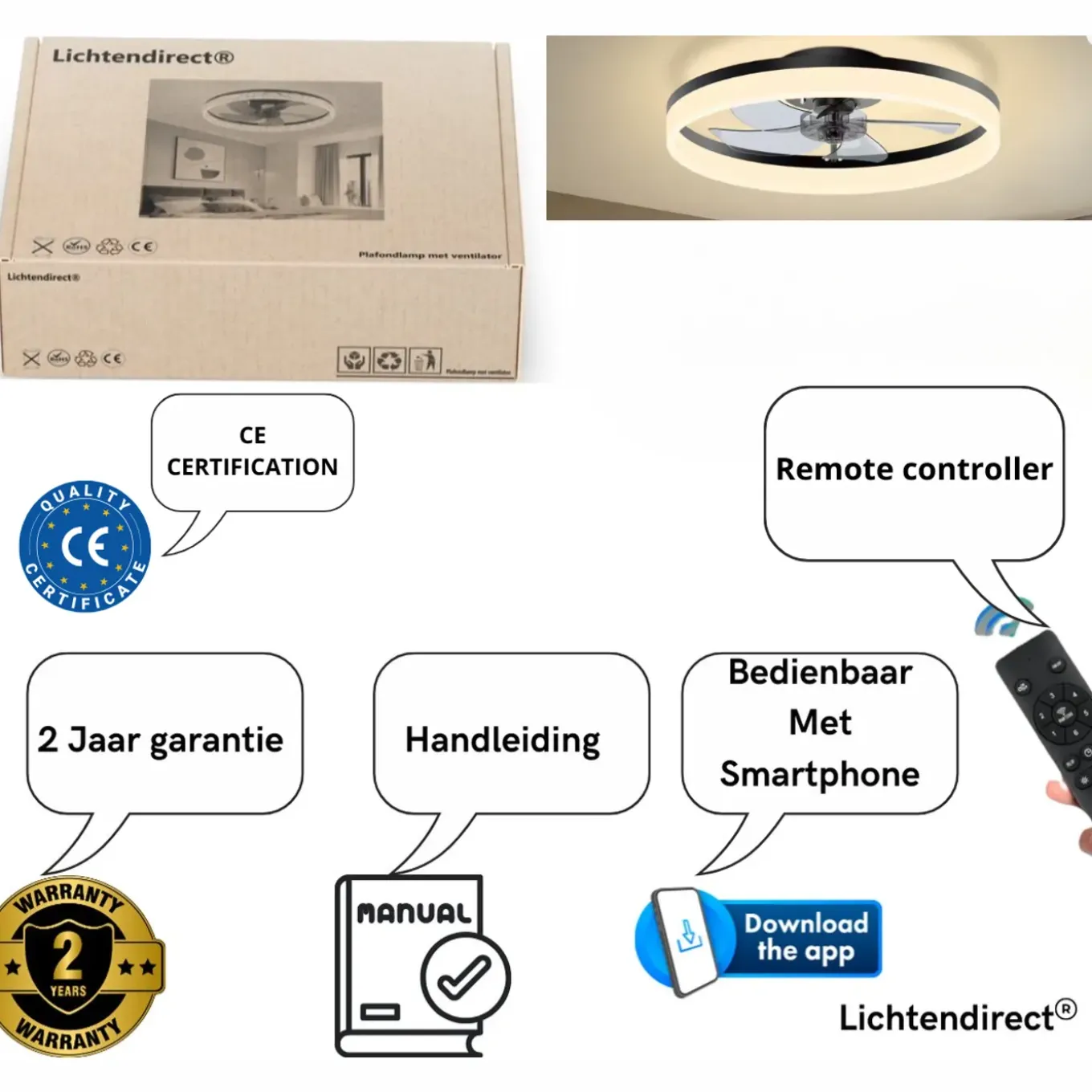 Lichtendirect - Plafondventilator Met Verlichting - Smart Ventilator Plafonniere-50cm