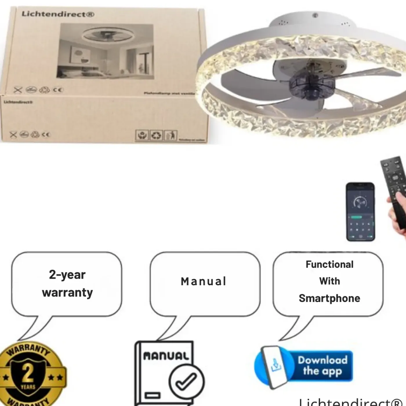 Lichtendirect - Plafondventilator Met Verlichting - Wit- Smart Ventilator Plafonniere