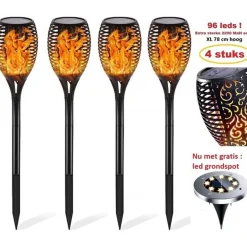 Lichtendirect solar fakkel 96 led tuinverlichting 4 stuks lantaarn zonenergie buitenverlichting