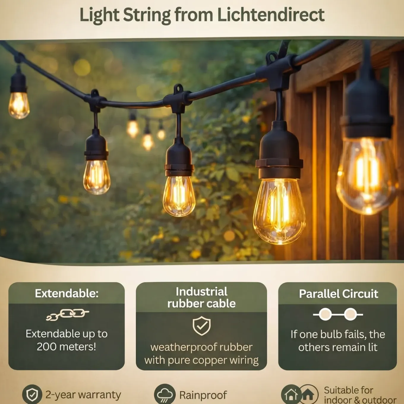 Lichtsnoer 15 meter 15 led lampen voor buiten terras verlichting prikkabel- Tuinverlichting