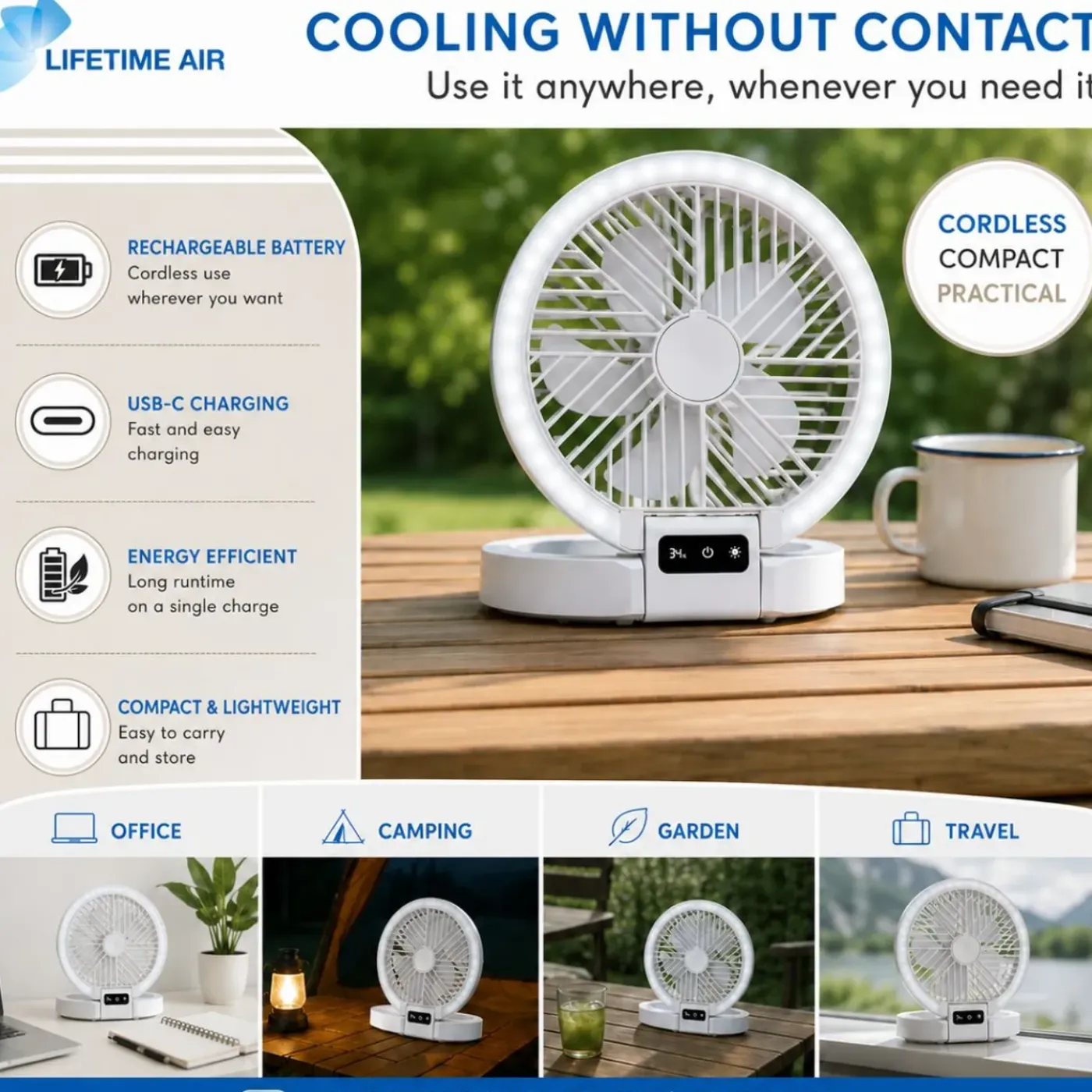Lifetime Air Tafelventilator Oplaadbaar 1200mah