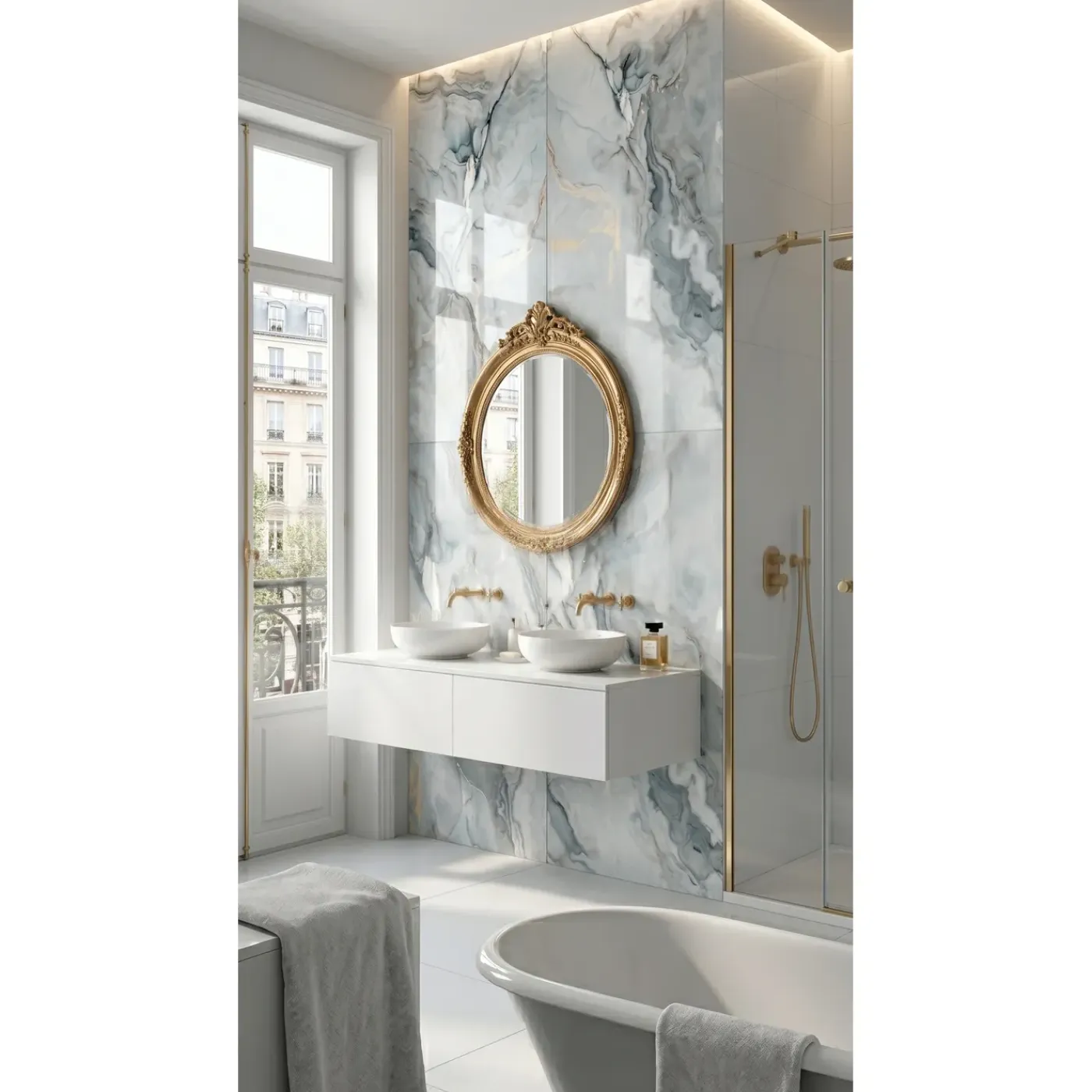 LIMCARO - Vloer En Wandtegel - Framed Aqua - Wit - 60 X 120 Cm - Marmerlook - Glanzend