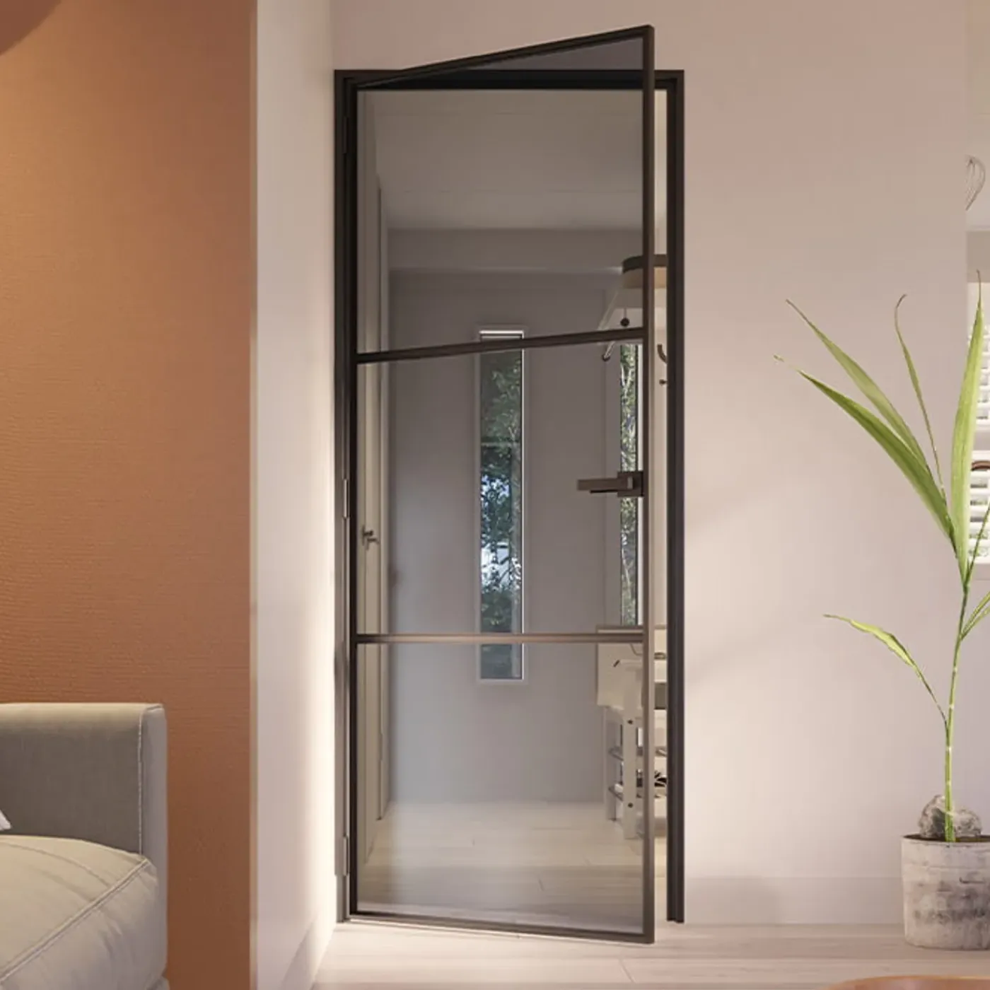 Loftdeur Stalen Scharnierdeur Slimline 3-vaks 231,5 X 93 Cm Klinksluiting Linksdraaiend Rookglas