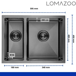 LOMAZOO Dubbele Spoelbak Galaxy Rvs Gun Metal 595x450 Mm