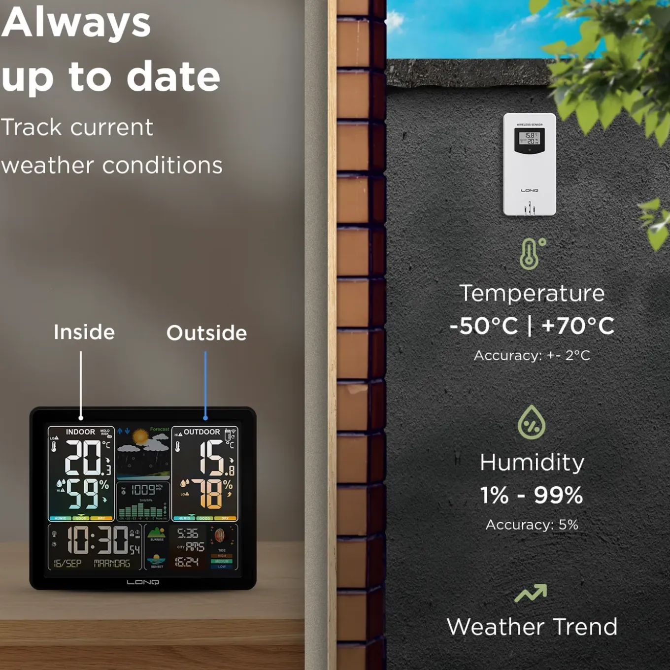 LONQ Weerstation Binnen En Buiten - Buienradar - Thermometer - Hygrometer