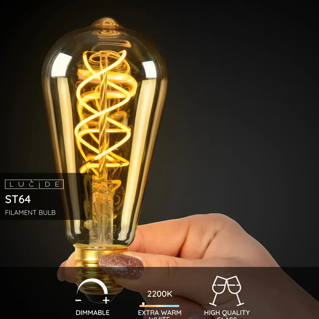 Lucide Ledfilamentlamp Edison ST64 - Amber - D6,4cm - Dimbaar - Warm Wit - E27 - 4,9W