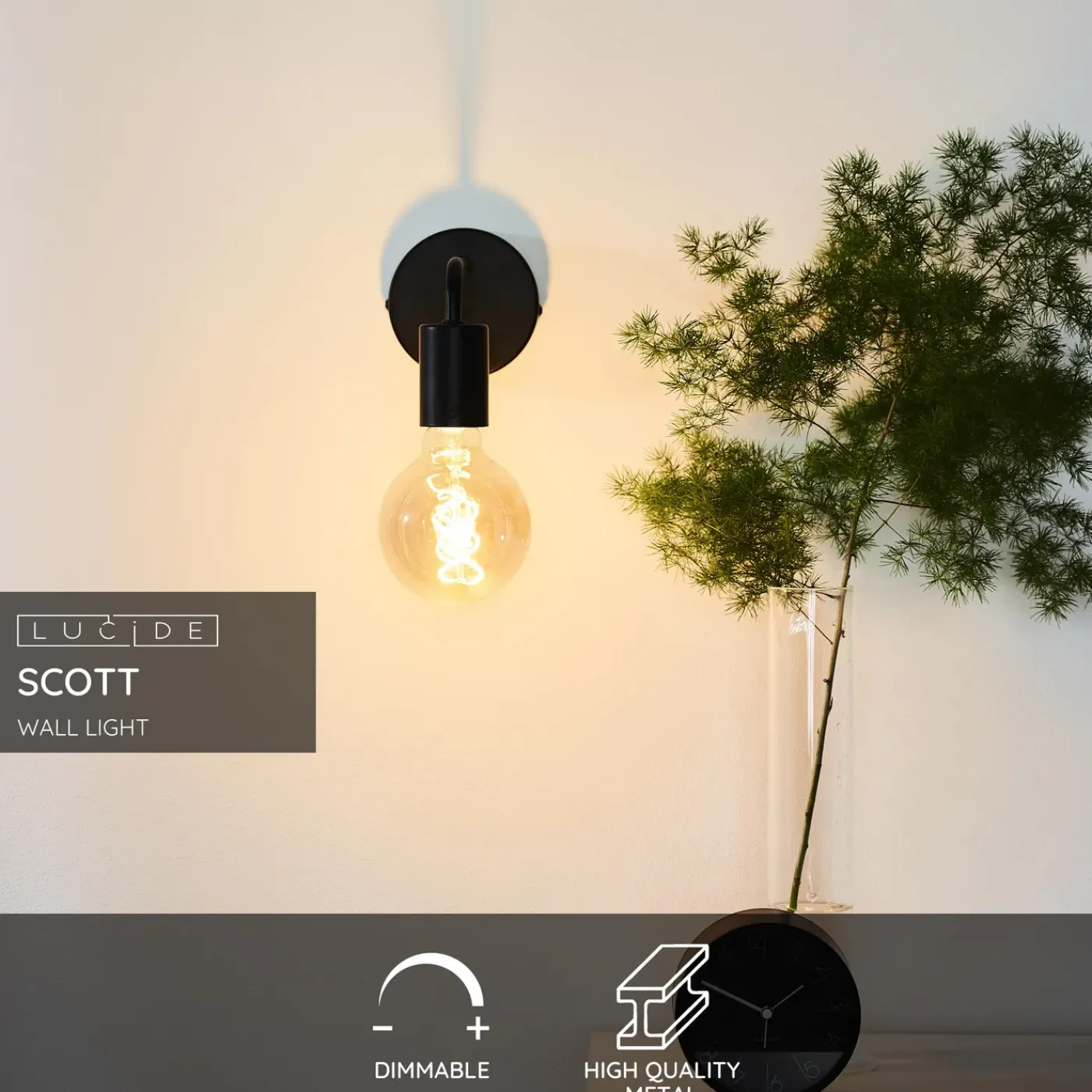 Lucide wandlamp Scott zwart E27