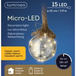 Lumineo Verlichte Kerstbal - Glas - Touw -10 Cm - Zilver -15 Leds