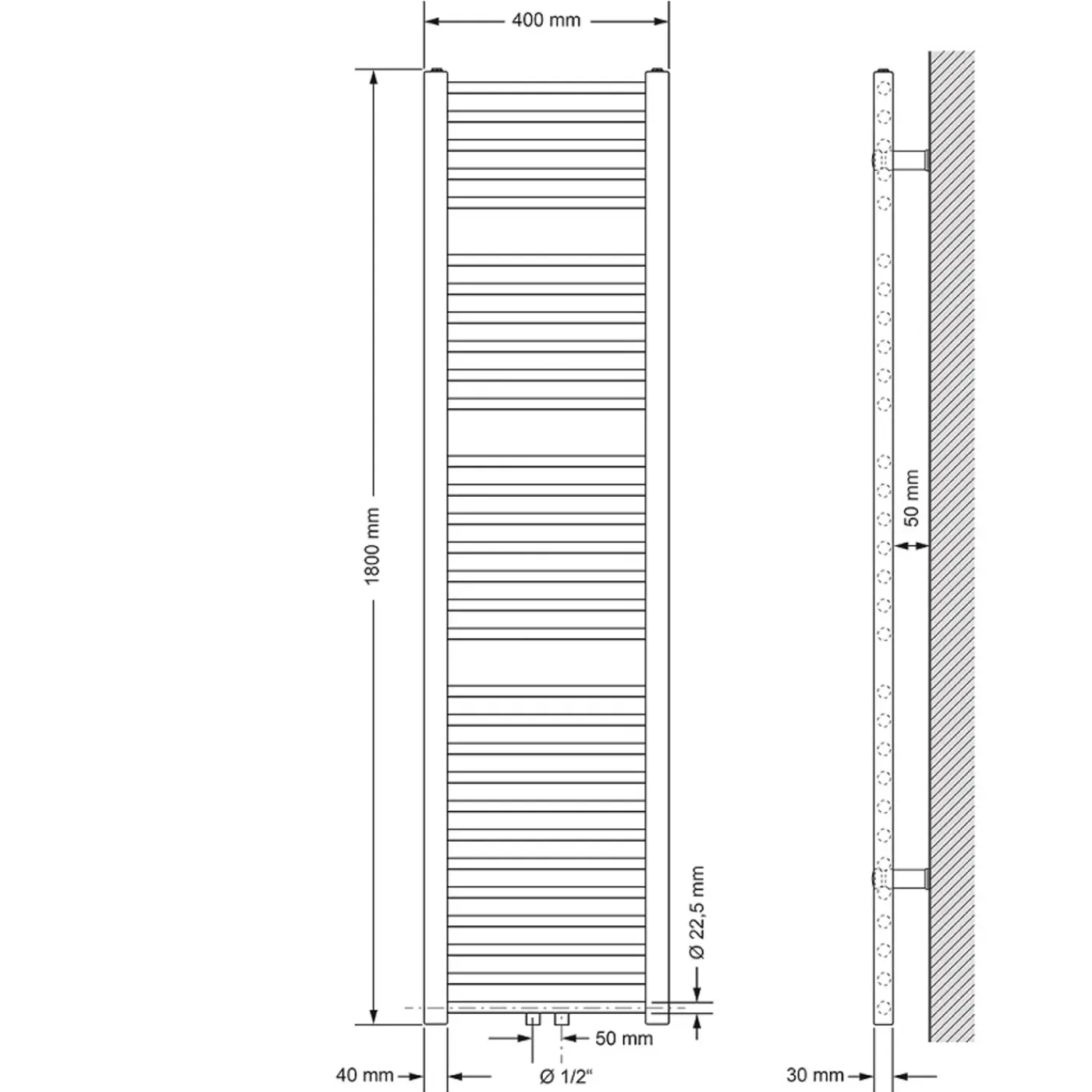 LuxeBath Badkamerradiator Sahara 400x1800 Mm, Wit, Recht Met Middenaansluiting