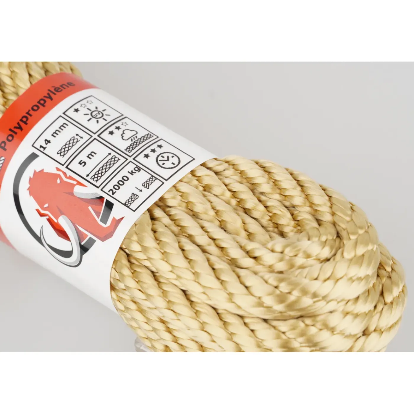 Mamutech Hoogwaardig touw Paraloc - Gedraaid polypropyleen - UV-bestendig - 14mm x 5m - Beige