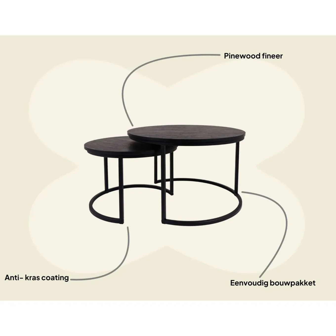 Maximavida Ronde Salontafel Set Chicago Xl Zwart 75 Cm - Pinewood Fineer