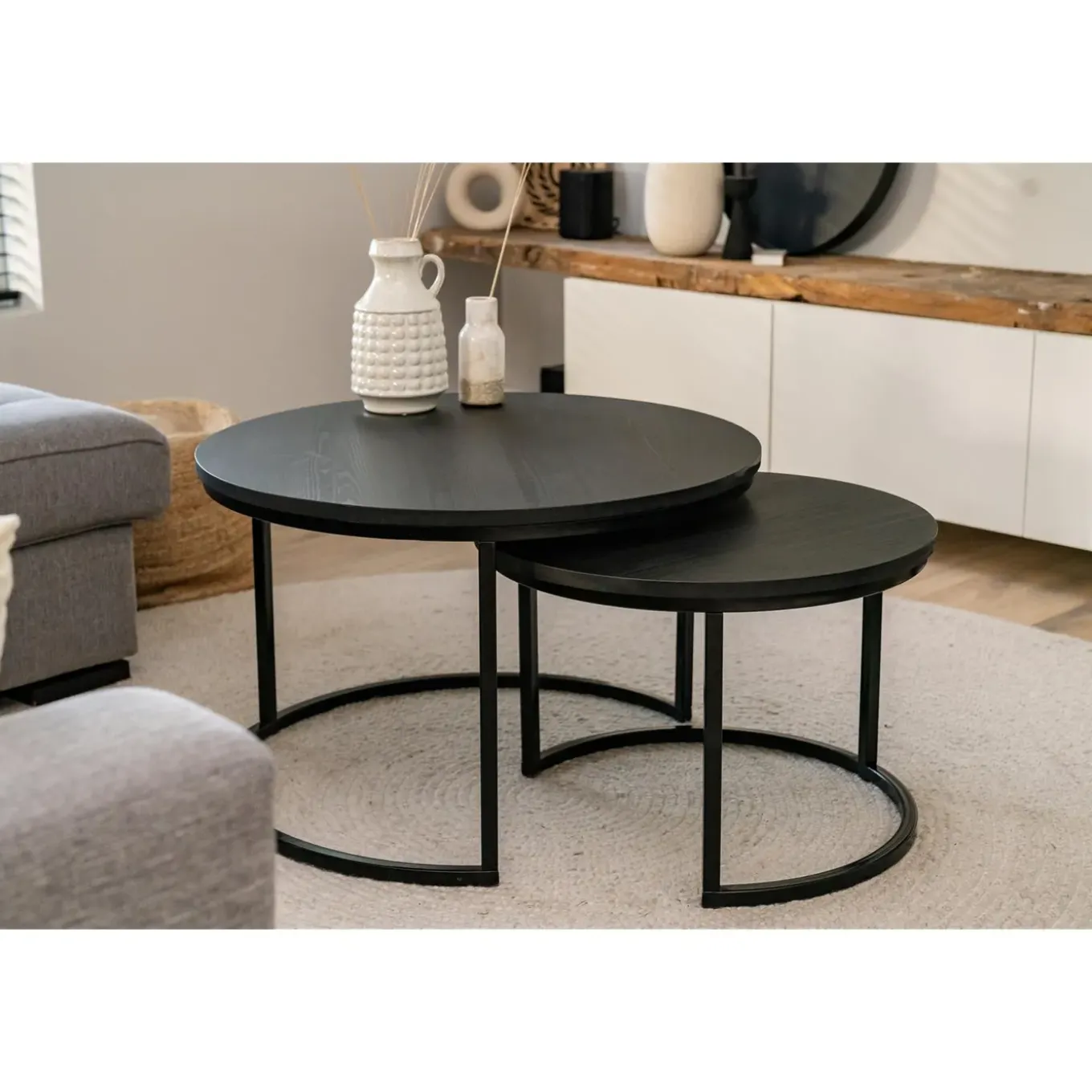 Maximavida Ronde Salontafel Set Chicago Xl Zwart 75 Cm - Pinewood Fineer