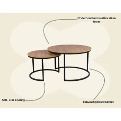 MaximaVida Ronde Salontafel Set Kiev Xl 75 Cm - Rustiek Eikenhout Fineer