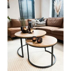 MaximaVida Ronde Salontafel Set Kiev Xl 75 Cm - Rustiek Eikenhout Fineer