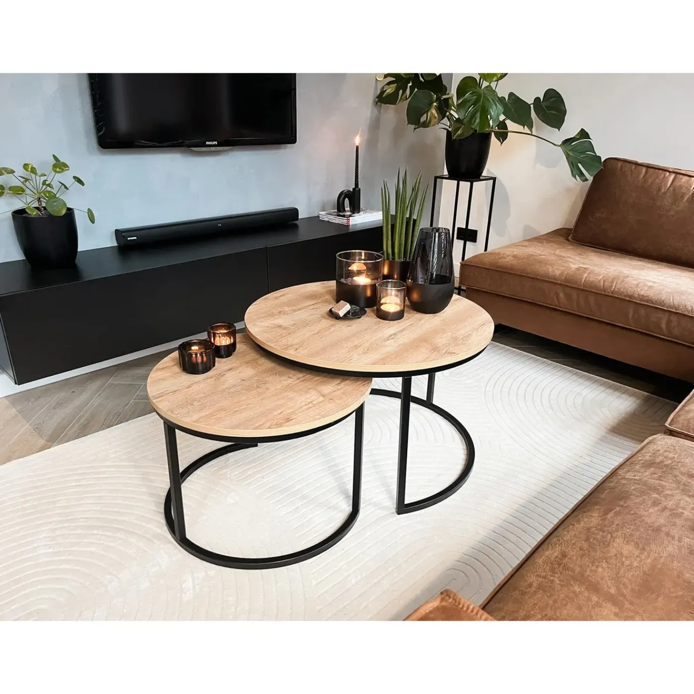 MaximaVida Ronde Salontafel Set Kiev Xl 75 Cm - Rustiek Eikenhout Fineer