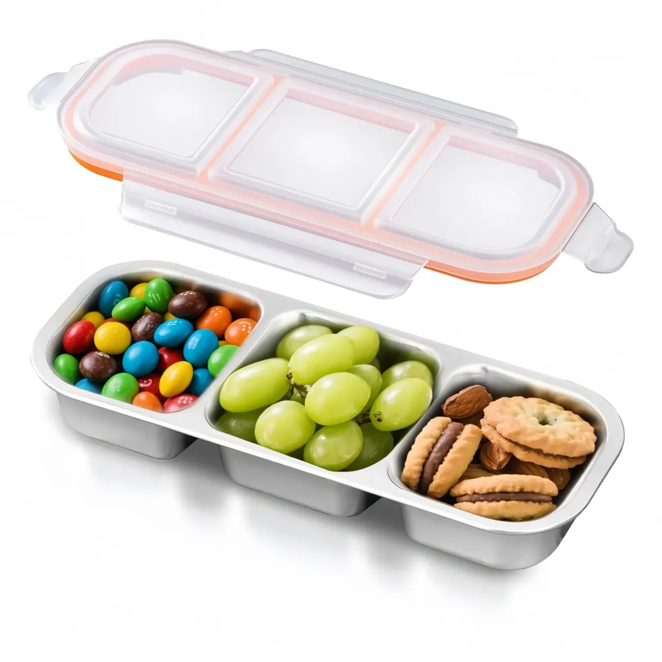 MCBOCON Lunchbox - 3 Compartimenten - roestvrij staal - Oranje - 600 Ml