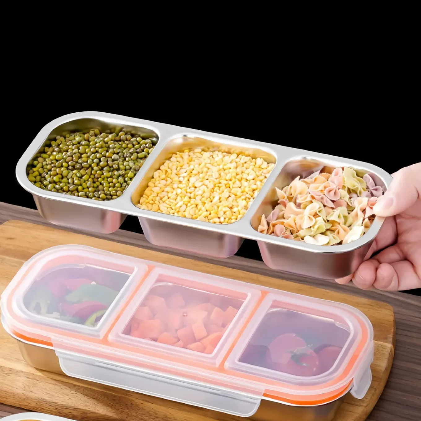 MCBOCON Lunchbox - 3 Compartimenten - roestvrij staal - Oranje - 600 Ml