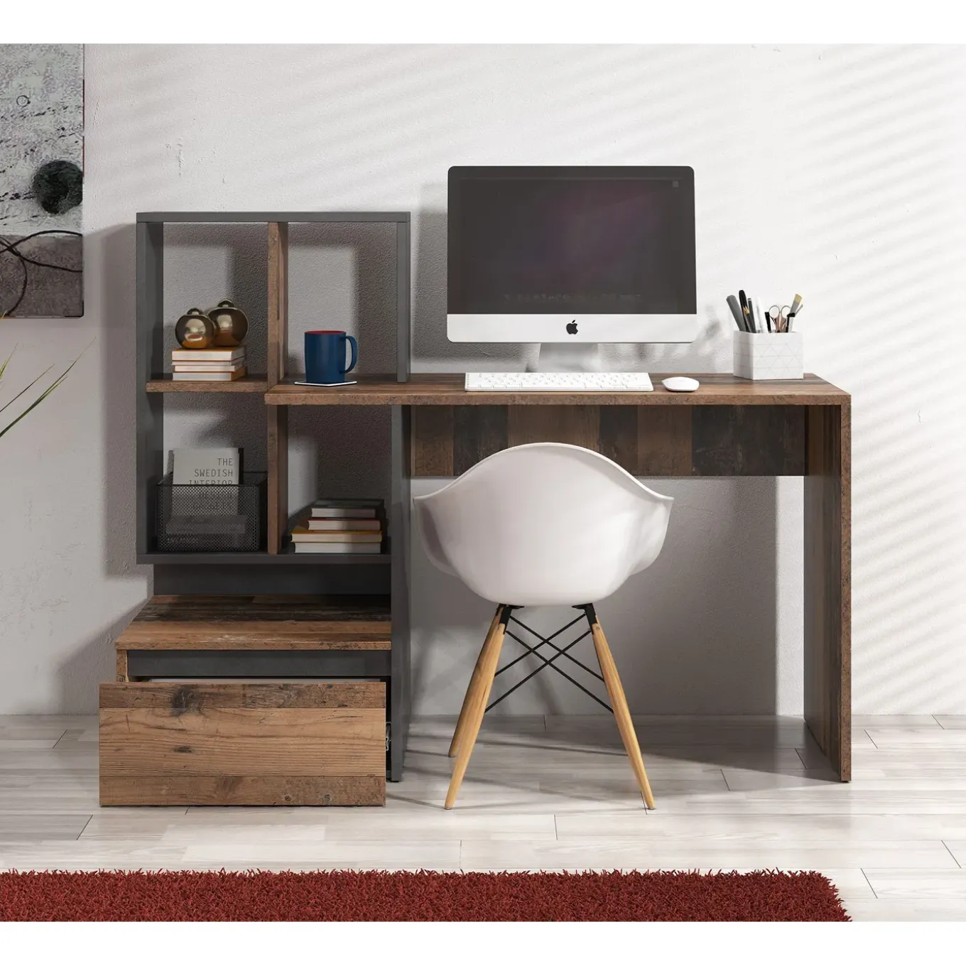 Meubella Bureau Pierre 2 - Donker Eiken - Antraciet - 145x52x75 Cm