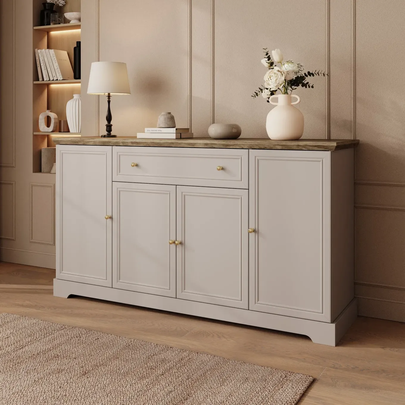 Meubella Dressoir Kresto - Beige/eikenpatroon - 165x46x91 Cm