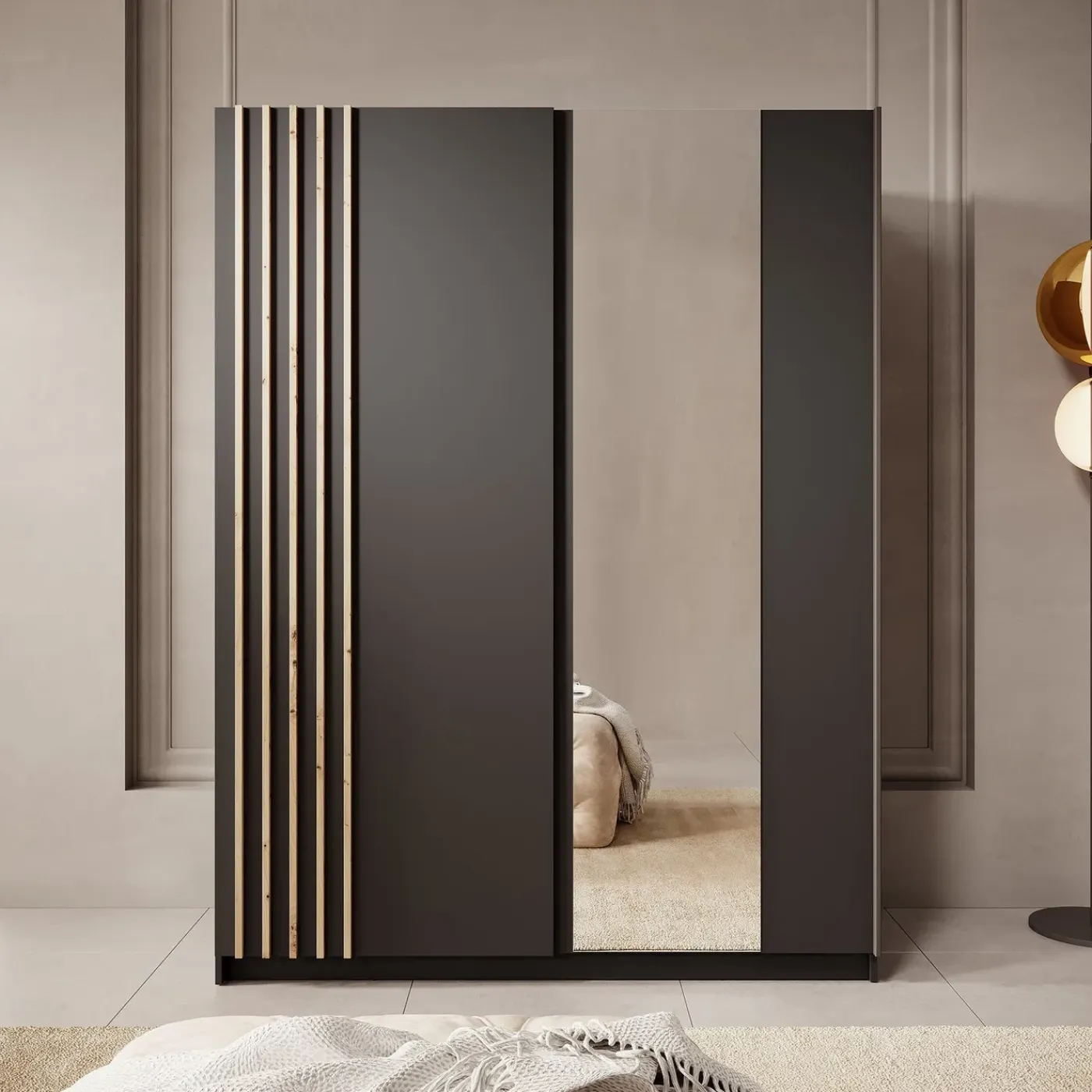 Meubella Kledingkast Boets - Zwart - Eiken - 150x64x199 Cm - Met Spiegel