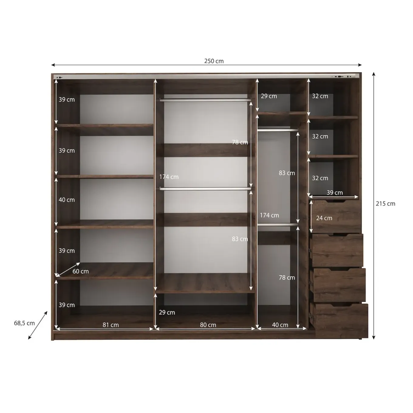 Meubella Kledingkast Diplo - Eiken - 250x69x215 Cm