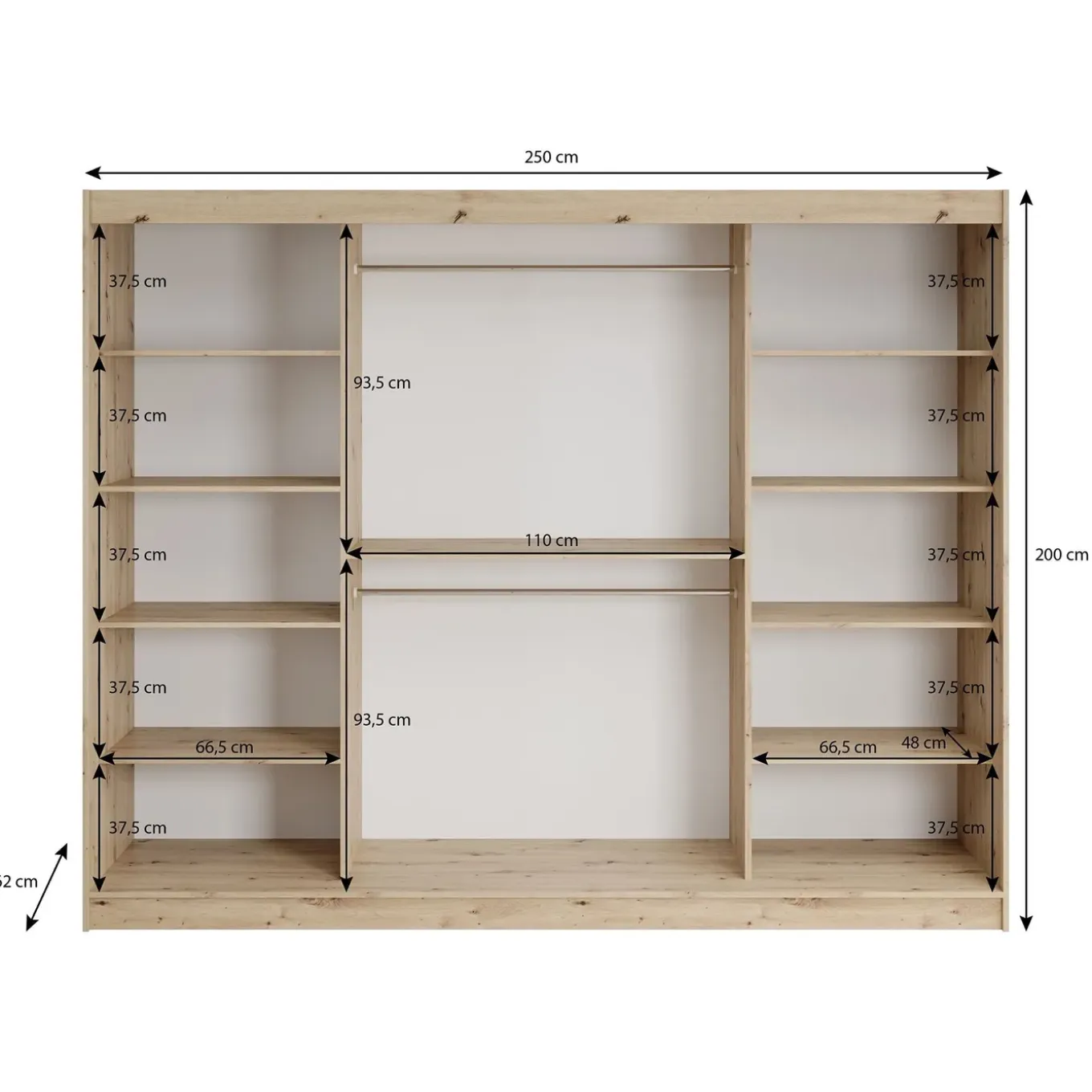 Meubella Kledingkast Lisbon 2 - Eiken - 250x62x200 Cm - Met Spiegel