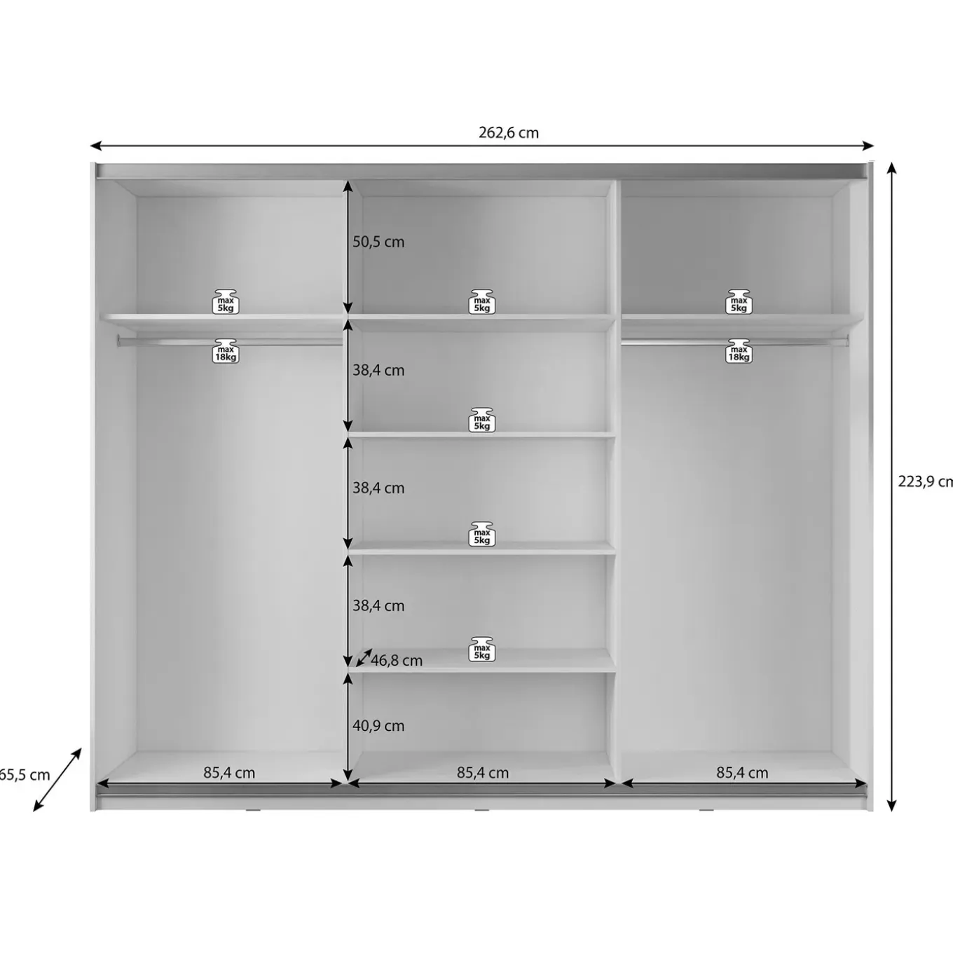 Meubella Kledingkast Mariah 2 - Wit - 263x66x224 Cm - Met Spiegel