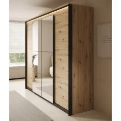 Meubella Kledingkast Quarry - Eiken - 250x63x221 Cm - Met Spiegel