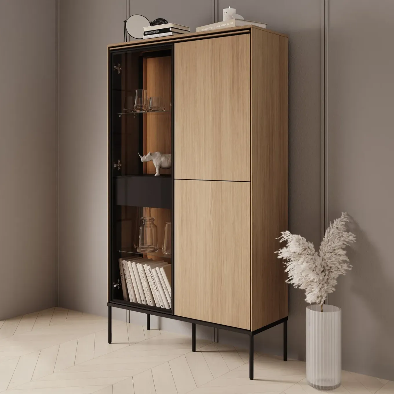 Meubella Vitrinekast Vicious - Eiken - 91x34x158 Cm