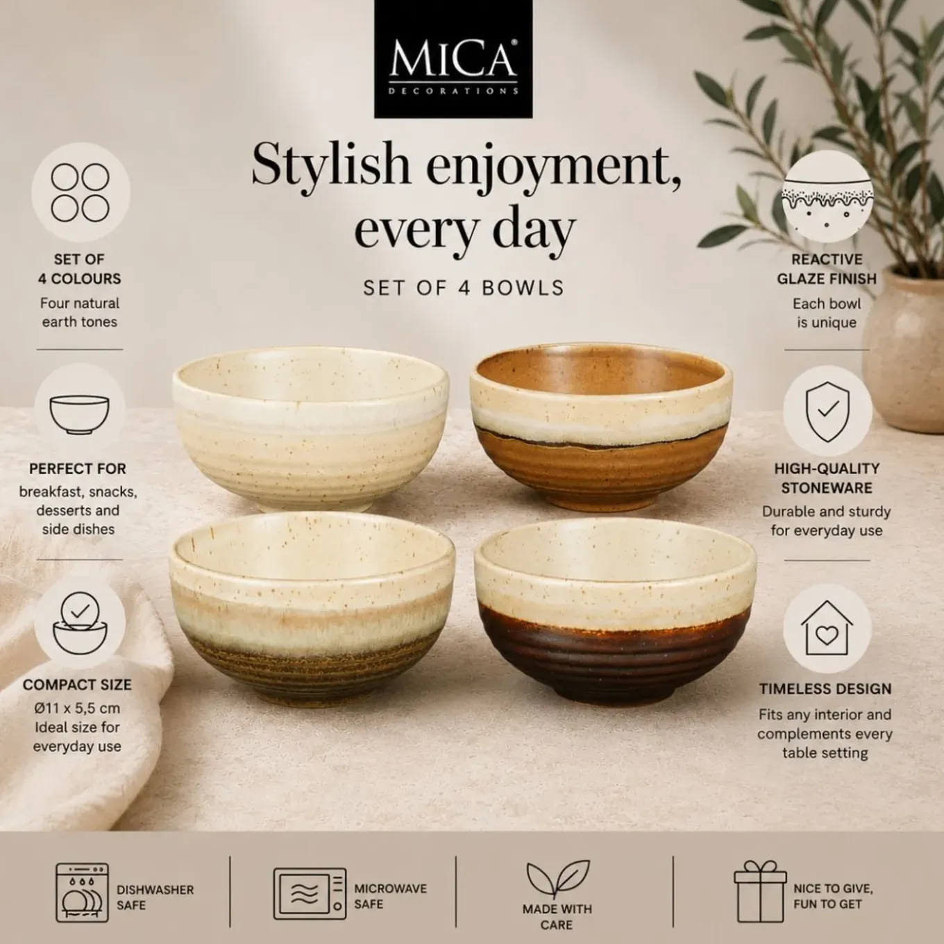 Mica Decorations Kommen Set 4 Stuks D11 X 5 -5 Cm
