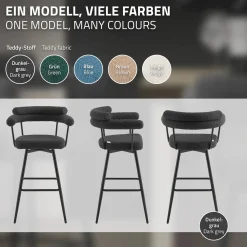 ML-Design Barkrukken Set 2 Draaibaar 76 Cm Donkergrijs Teddy Stof Armleuning Voetsteun
