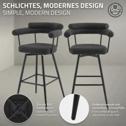 ML-Design Barkrukken Set 2 Draaibaar 76 Cm Donkergrijs Teddy Stof Armleuning Voetsteun