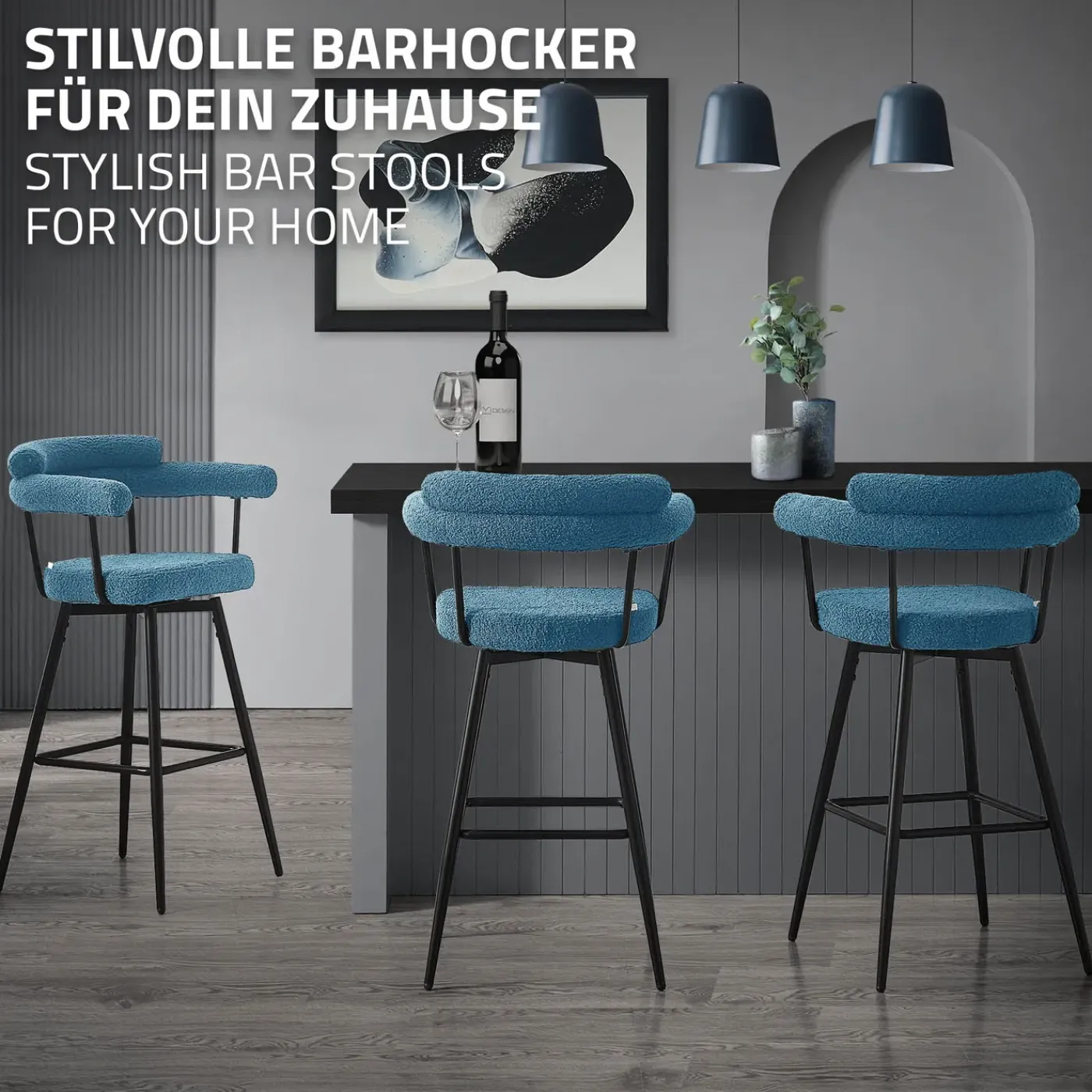 ML-Design Barkrukken Set 2 Draaibaar 76 Cm Blauw Teddy Stof Armleuning Voetsteun
