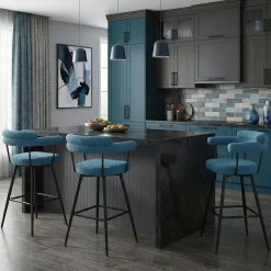 ML-Design Barkrukken Set 2 Draaibaar 76 Cm Blauw Teddy Stof Armleuning Voetsteun