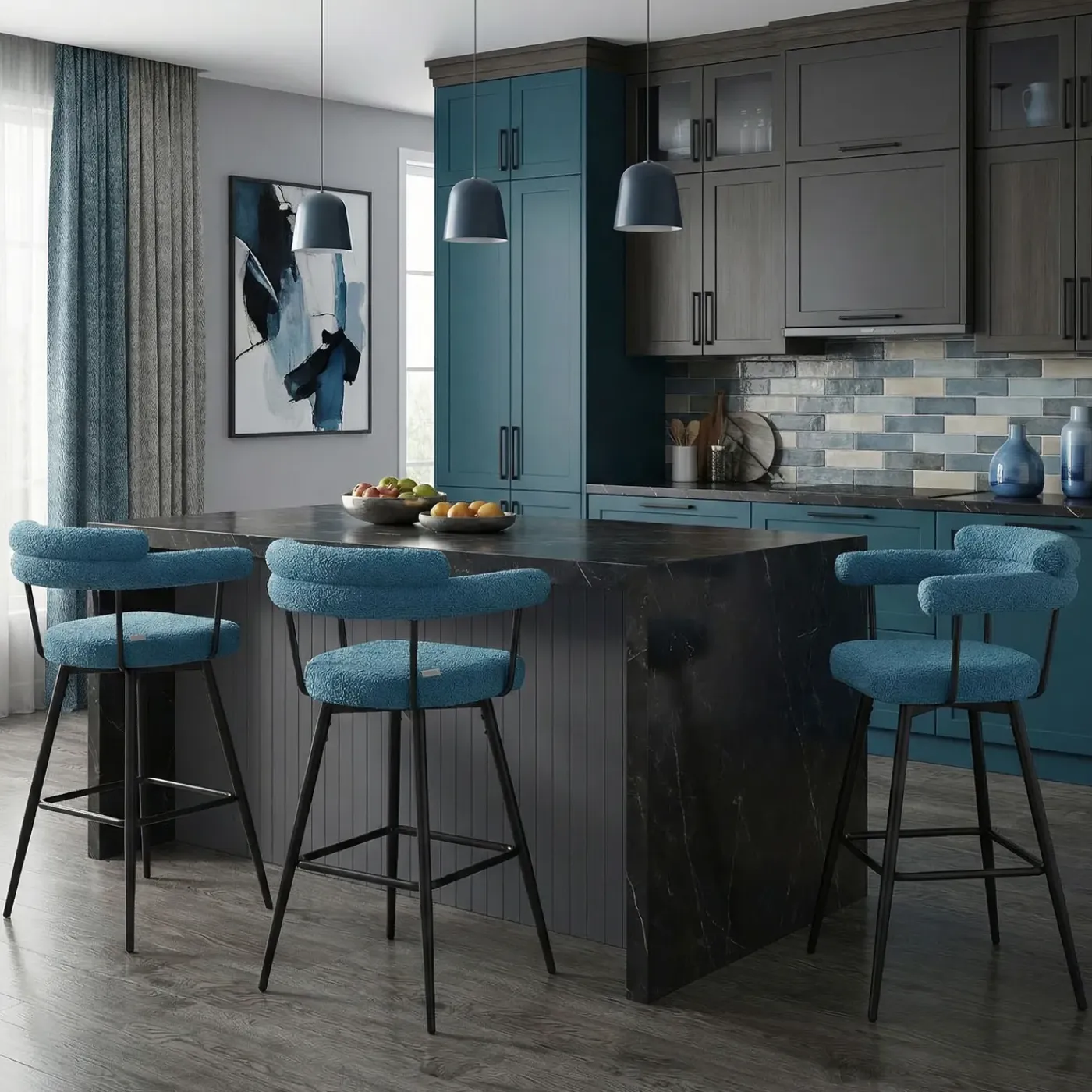 ML-Design Barkrukken Set 2 Draaibaar 76 Cm Blauw Teddy Stof Armleuning Voetsteun