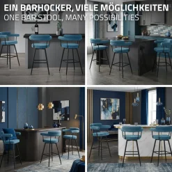 ML-Design Barkrukken Set 2 Draaibaar 76 Cm Blauw Teddy Stof Armleuning Voetsteun