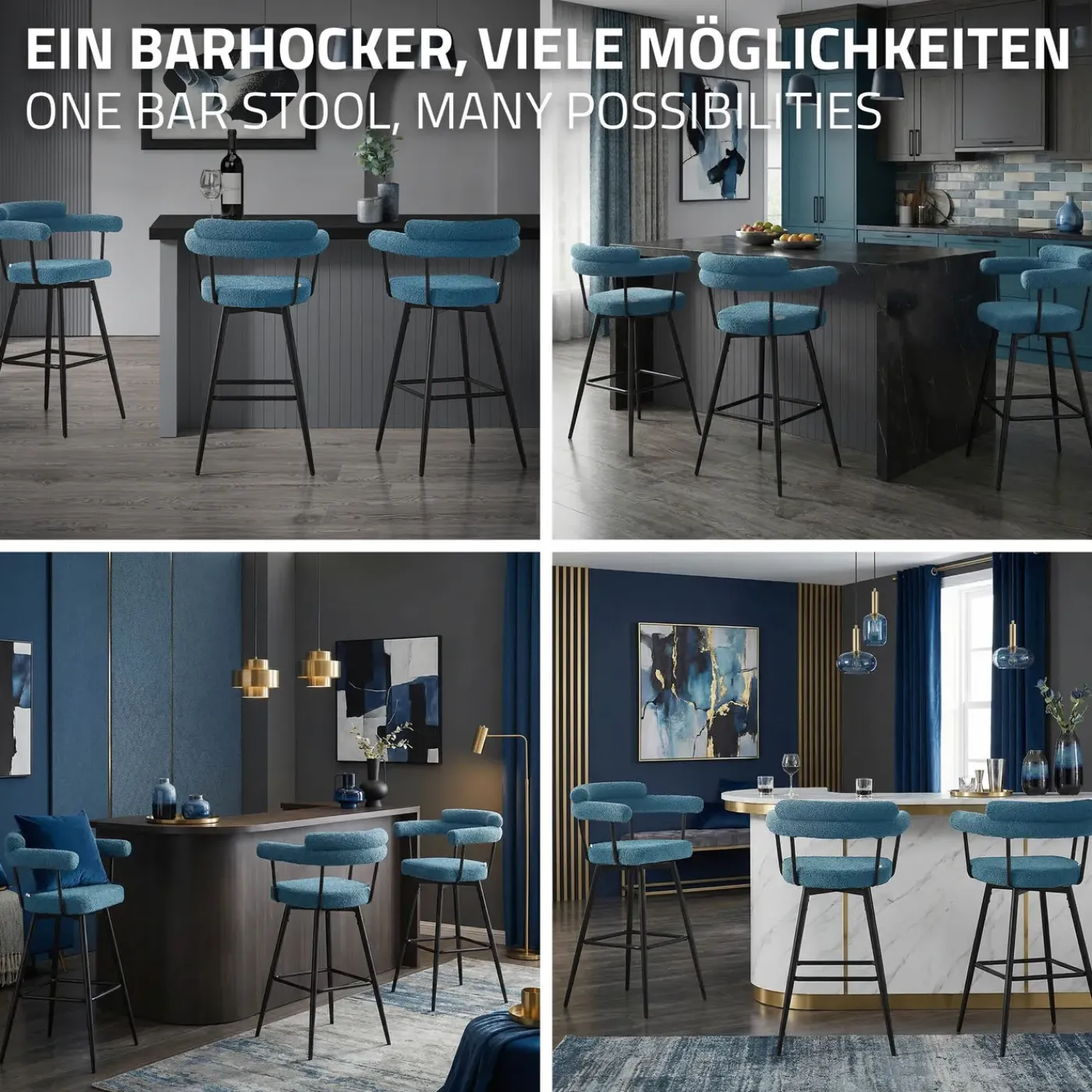 ML-Design Barkrukken Set 2 Draaibaar 76 Cm Blauw Teddy Stof Armleuning Voetsteun