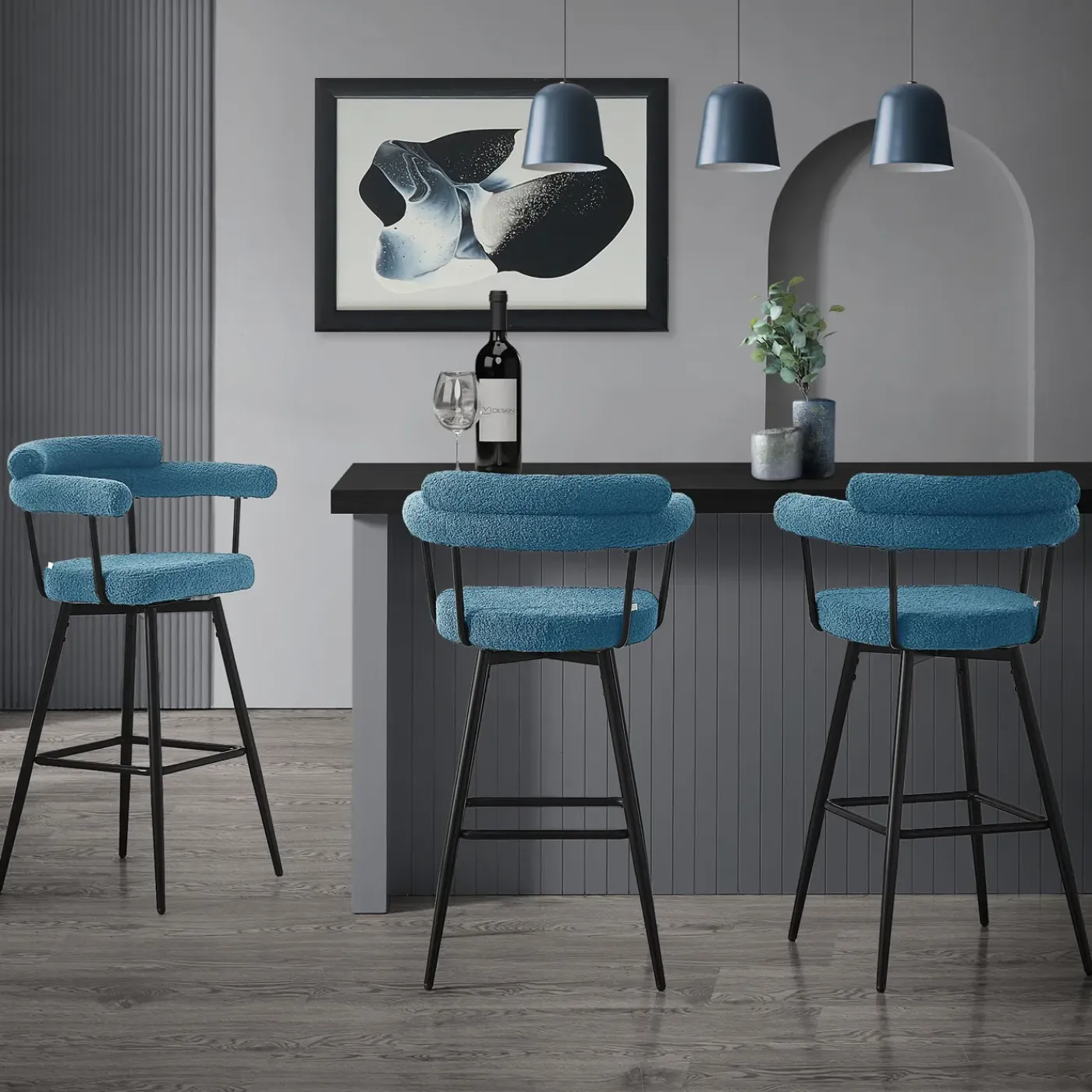 ML-Design Barkrukken Set 2 Draaibaar 76 Cm Blauw Teddy Stof Armleuning Voetsteun