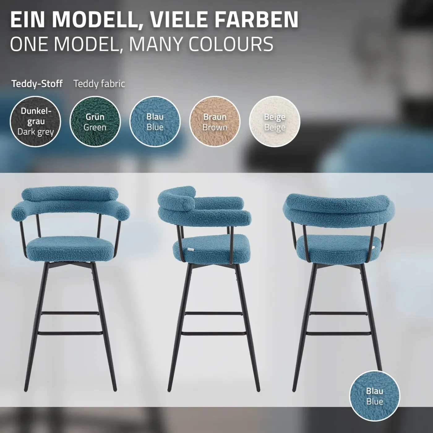 ML-Design Barkrukken Set 2 Draaibaar 76 Cm Blauw Teddy Stof Armleuning Voetsteun