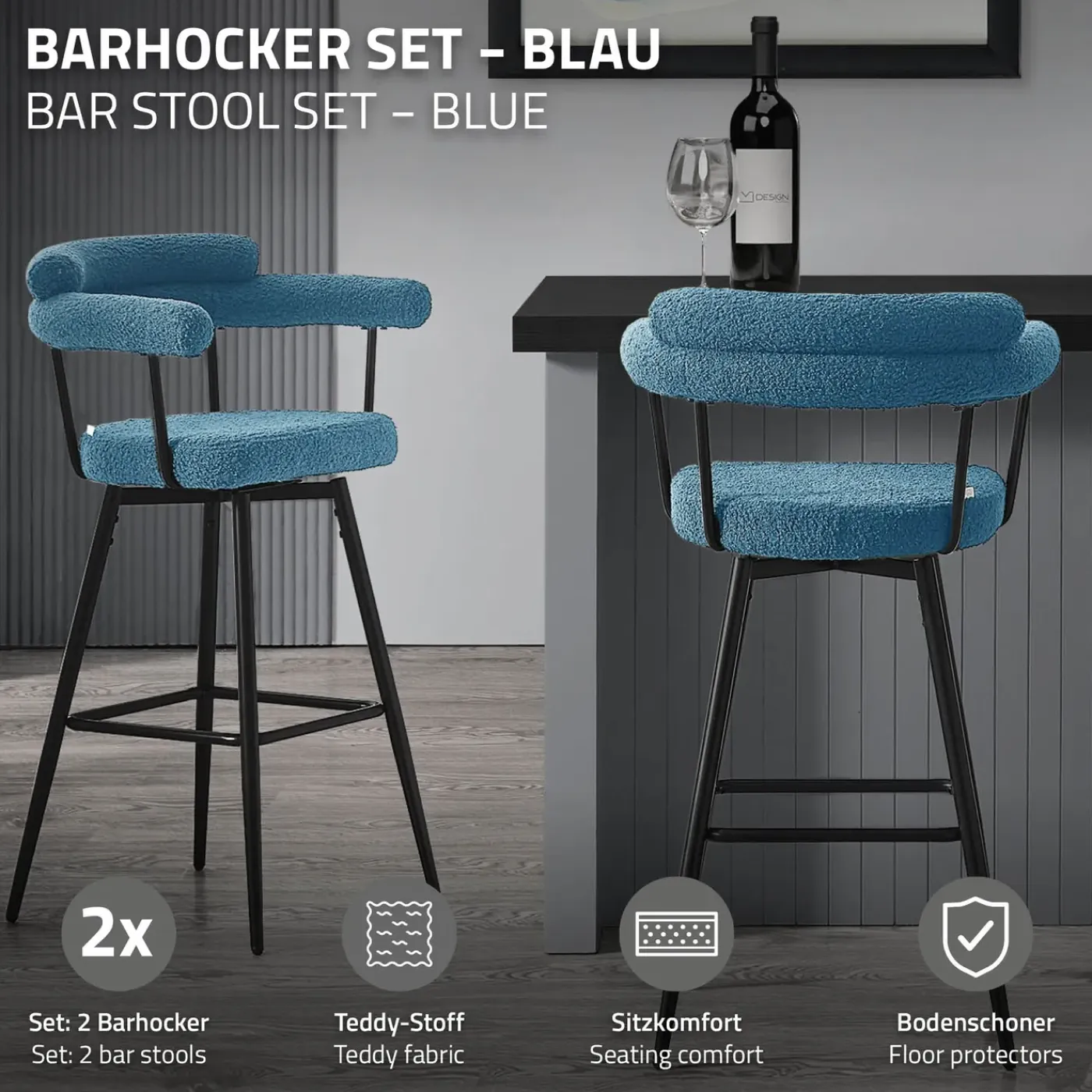 ML-Design Barkrukken Set 2 Draaibaar 76 Cm Blauw Teddy Stof Armleuning Voetsteun