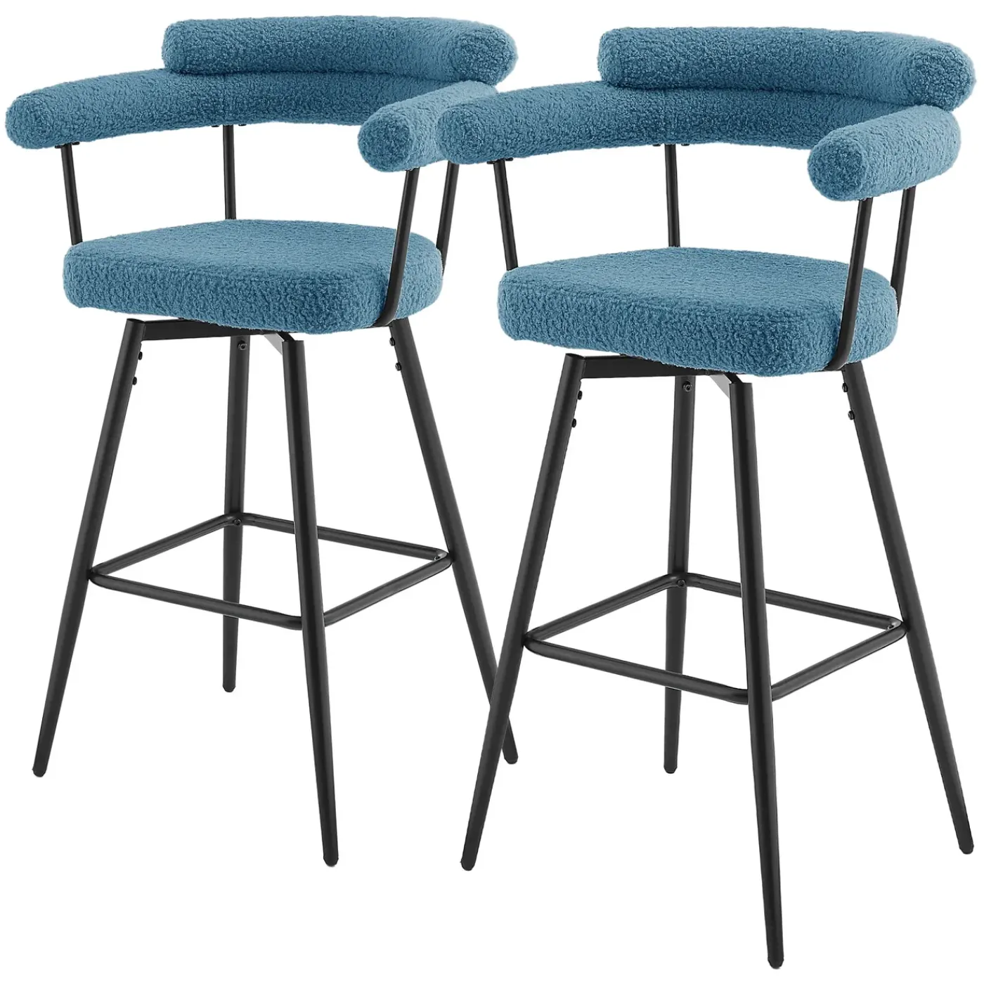 ML-Design Barkrukken Set 2 Draaibaar 76 Cm Blauw Teddy Stof Armleuning Voetsteun