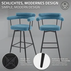 ML-Design Barkrukken Set 2 Draaibaar 76 Cm Blauw Teddy Stof Armleuning Voetsteun