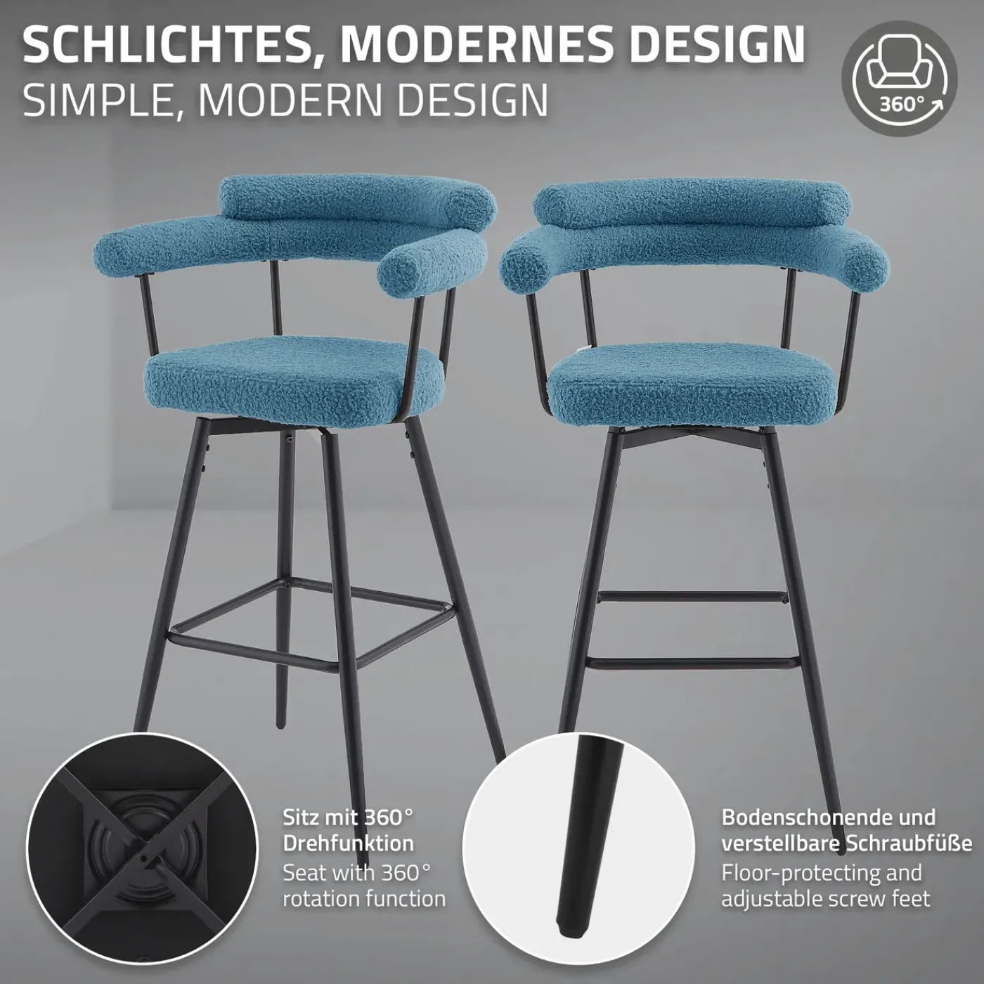 ML-Design Barkrukken Set 2 Draaibaar 76 Cm Blauw Teddy Stof Armleuning Voetsteun