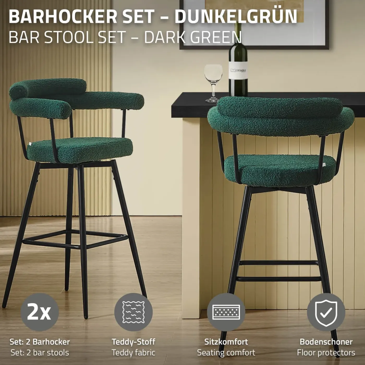 ML-Design Barkrukken Set 2 Draaibaar 76 Cm Donkergroen Teddy Stof Armleuning Voetsteun