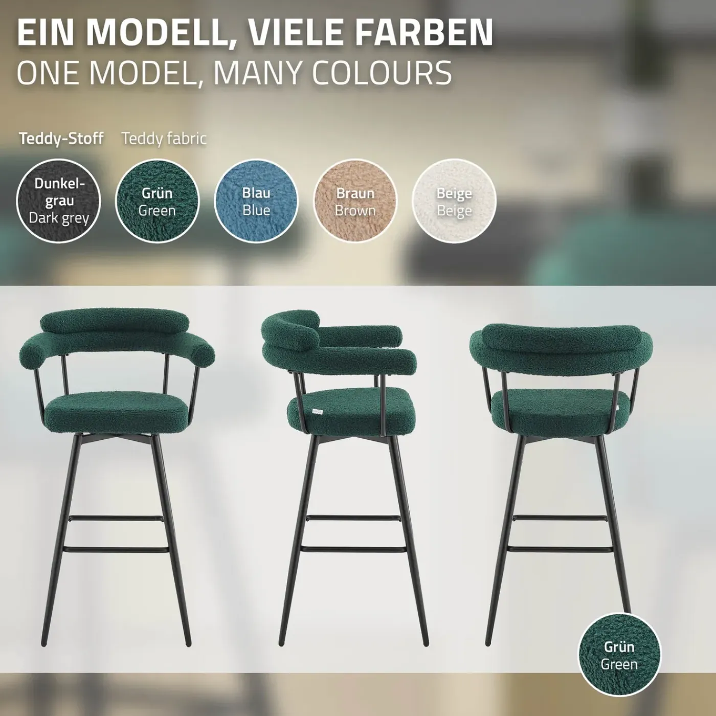 ML-Design Barkrukken Set 2 Draaibaar 76 Cm Donkergroen Teddy Stof Armleuning Voetsteun