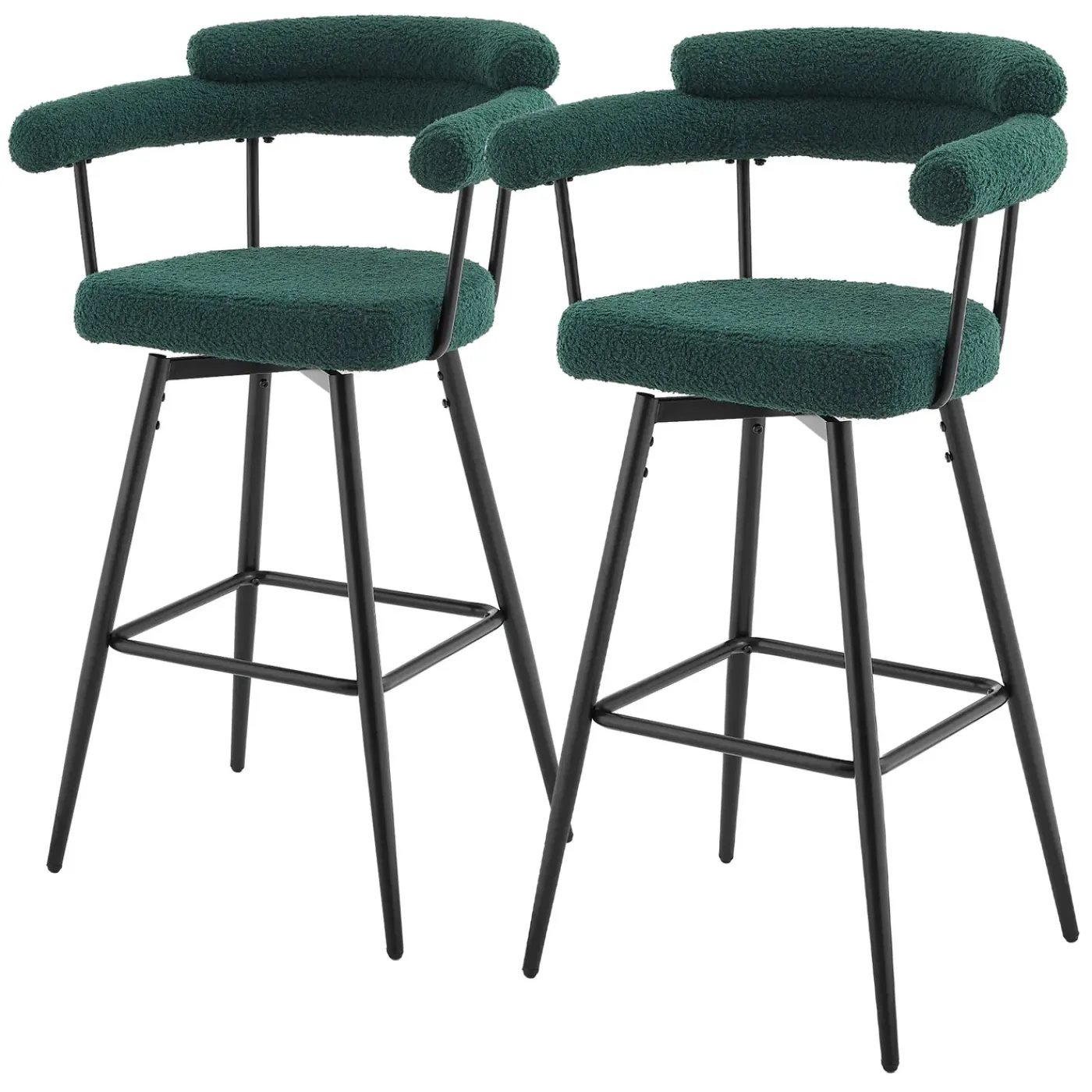 ML-Design Barkrukken Set 2 Draaibaar 76 Cm Donkergroen Teddy Stof Armleuning Voetsteun