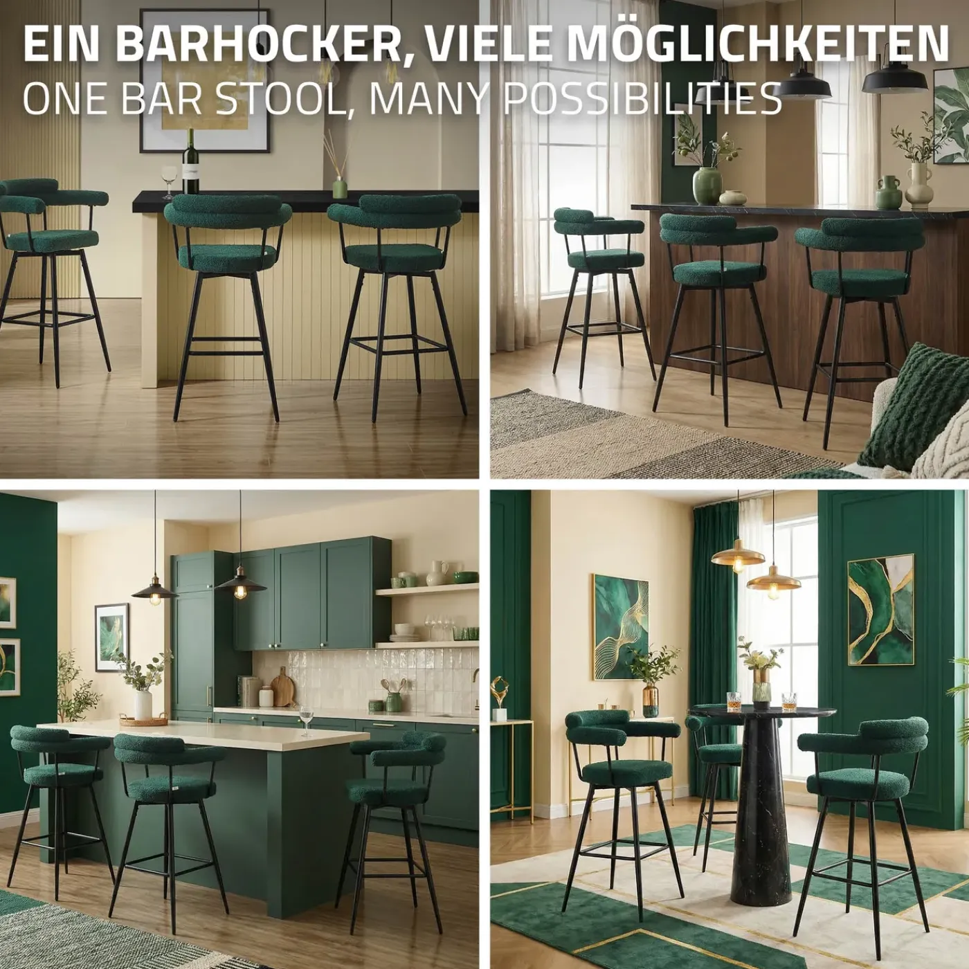 ML-Design Barkrukken Set 2 Draaibaar 76 Cm Donkergroen Teddy Stof Armleuning Voetsteun